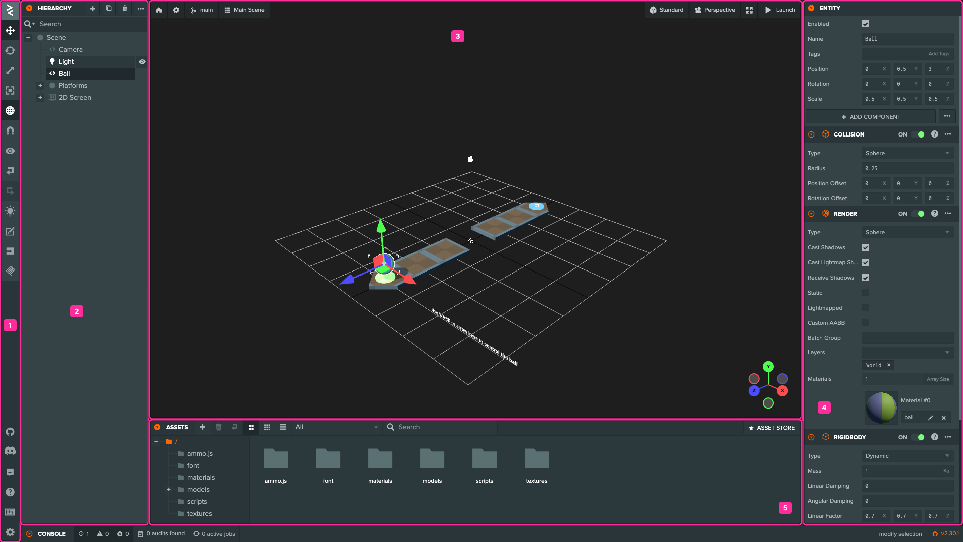 ツールバー、ヒエラルキー、ビューポート、インスペクター、アセットパネルに1から5の番号を付けたPlayCanvas Editor